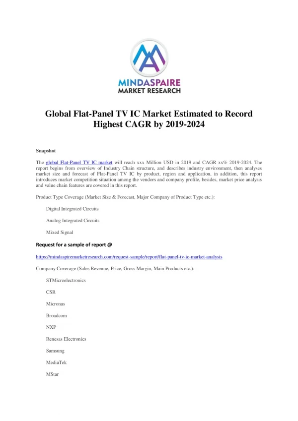 Global Flat-Panel TV IC Market Estimated to Record Highest CAGR by 2019-2024