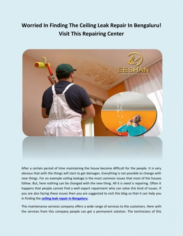 Worried In Finding The Ceiling Leak Repair In Bengaluru! Visit This Repairing Center