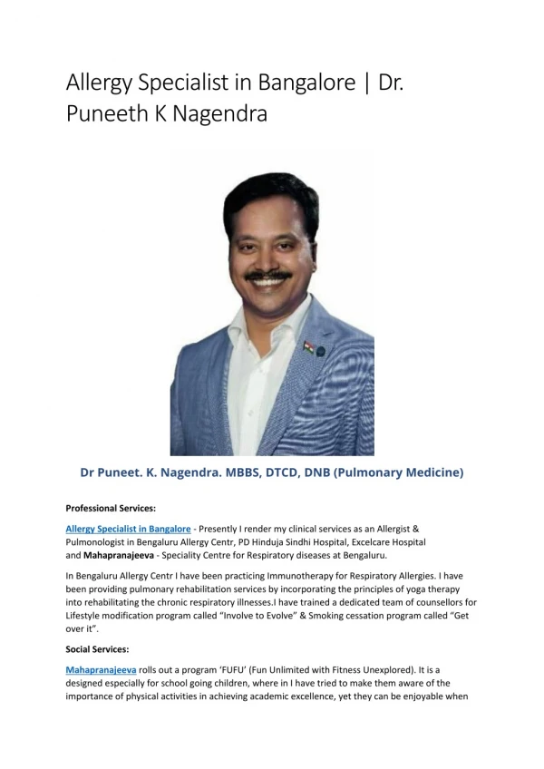 Allergy Specialist in Bangalore | Dr. Puneeth K Nagendra