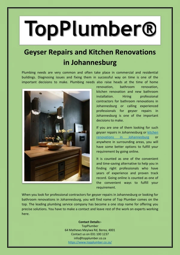 Geyser Repairs and Kitchen Renovations in Johannesburg