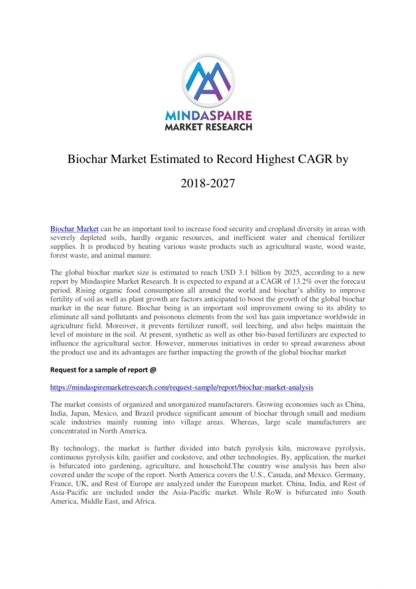 Biochar Market Estimated to Record Highest CAGR by 2018-2027
