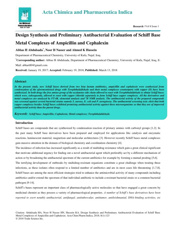 Design Synthesis and Preliminary Antibacterial Evaluation of Schiff Base Metal Complexes of Ampicillin and Cephalexin