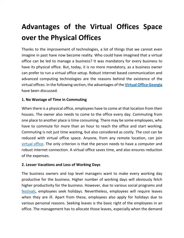 Advantages of the Virtual Offices Space over the Physical Offices