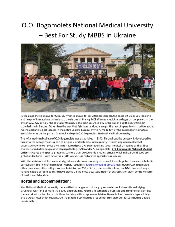 O.O. Bogomolets National Medical University – Best For Study MBBS in Ukraine