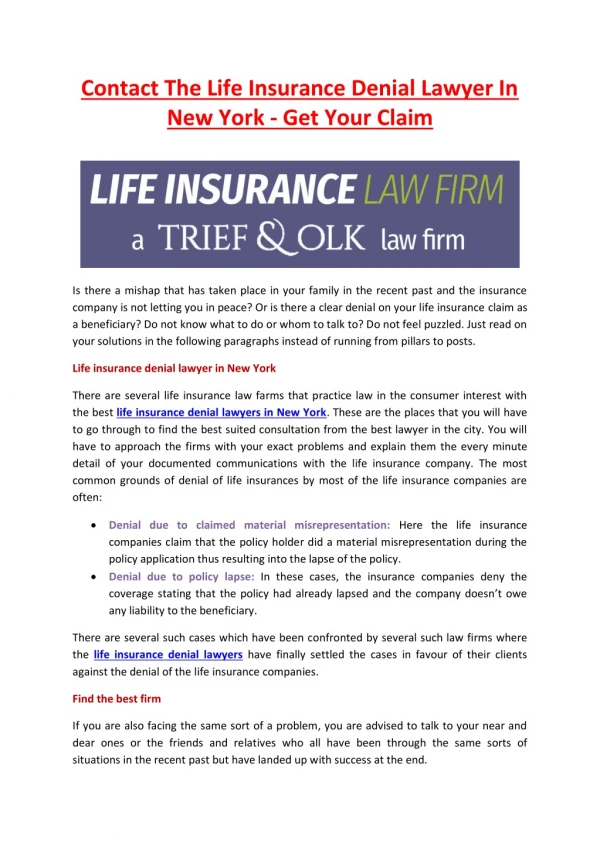 Contact The Life Insurance Denial Lawyer In New York - Get Your Claim