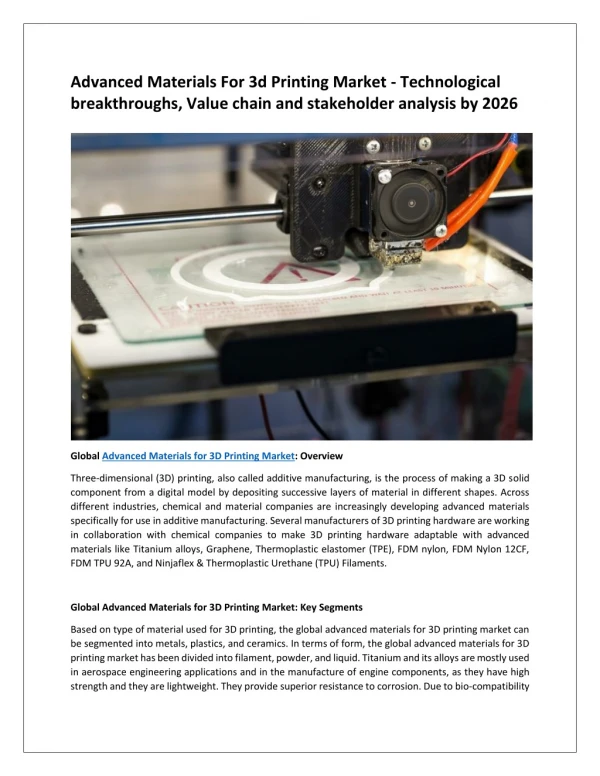 Advanced Materials For 3d Printing Market Value Share, Analysis and Segments 2018-2026