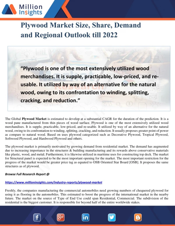 Plywood Market Size, Share, Demand and Regional Outlook till 2022