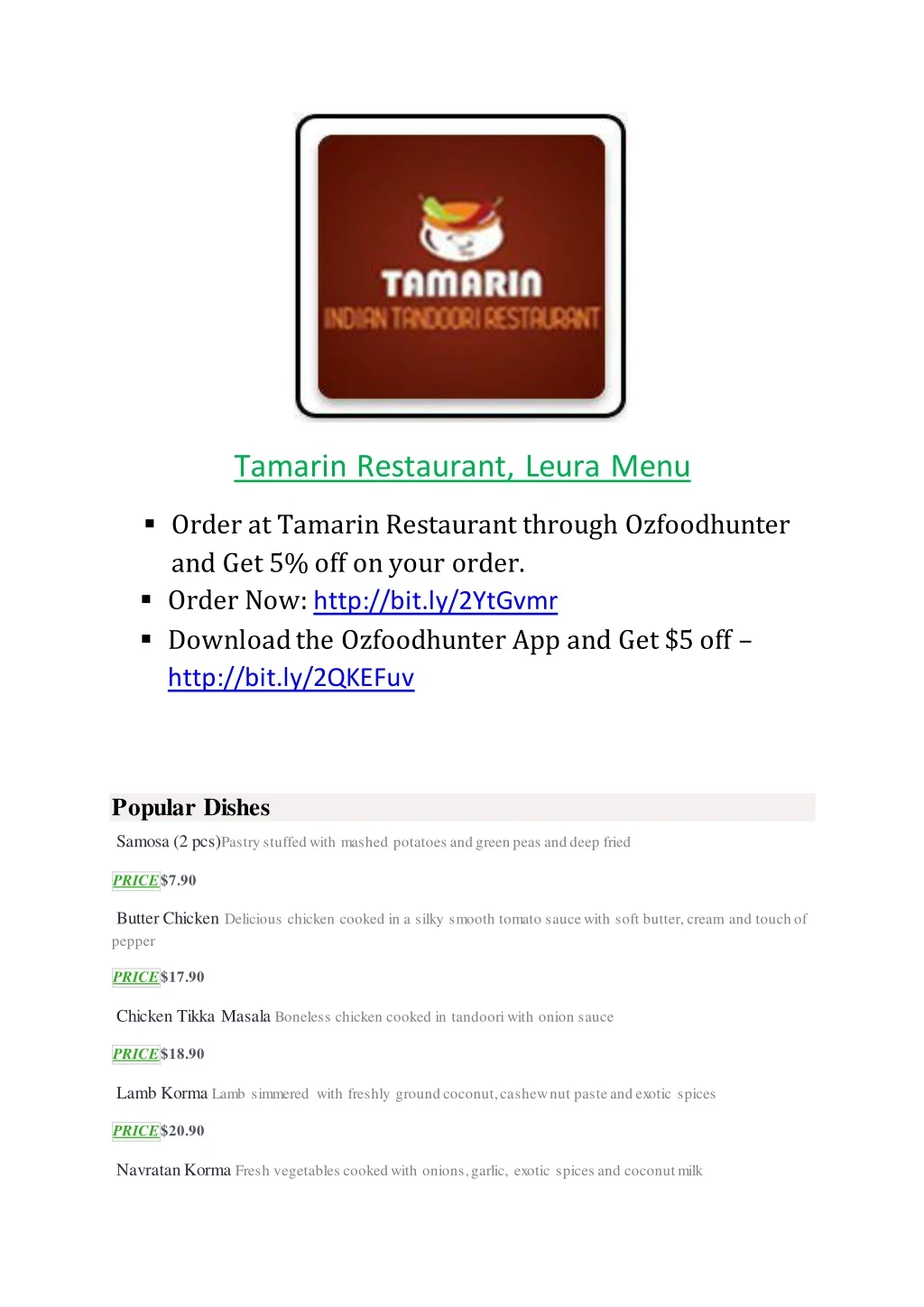 tamarin restaurant leura menu