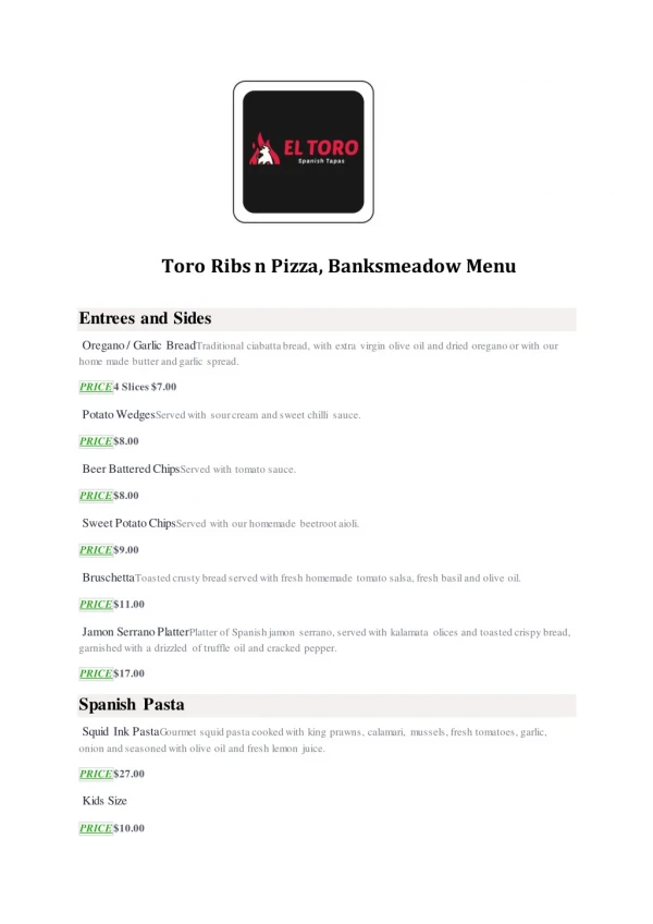 15% Off - Toro Ribs n Pizza-Banksmeadow - Order Food Online