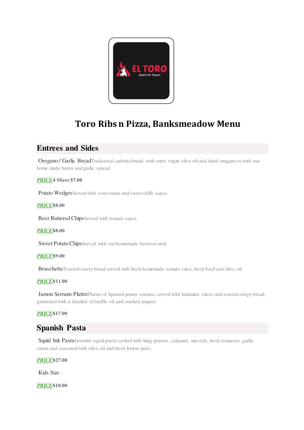 toro ribs n pizza banksmeadow menu entrees