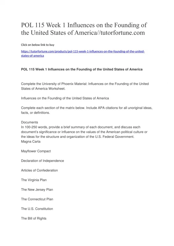 POL 115 Week 1 Influences on the Founding of the United States of America//tutorfortune.com