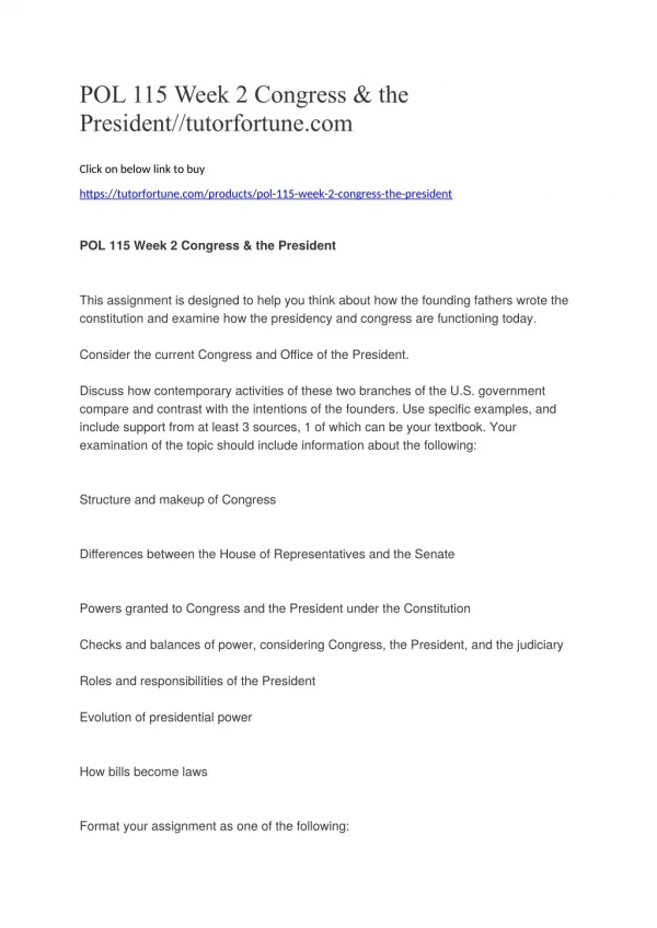 POL 115 Week 2 Congress & the President//tutorfortune.com