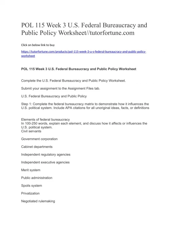 POL 115 Week 3 U.S. Federal Bureaucracy and Public Policy Worksheet//tutorfortune.com