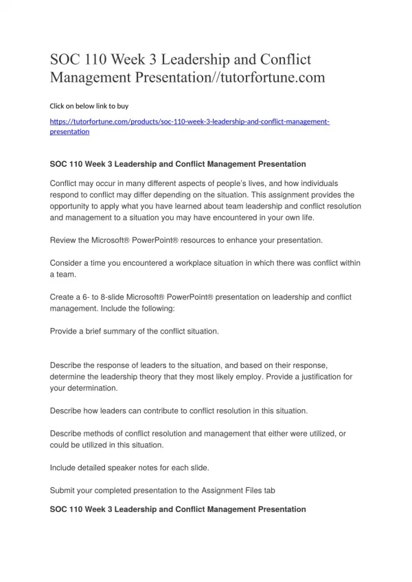 SOC 110 Week 3 Leadership and Conflict Management Presentation//tutorfortune.com