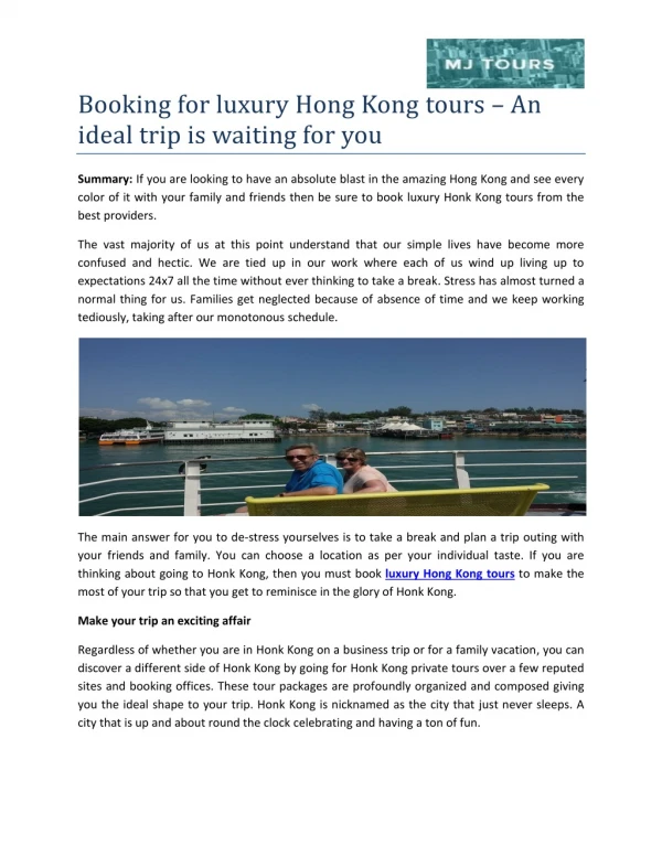 Booking for luxury Hong Kong tours an ideal trip is waiting for you
