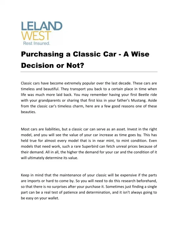Purchasing a Classic Car - A Wise Decision or Not?