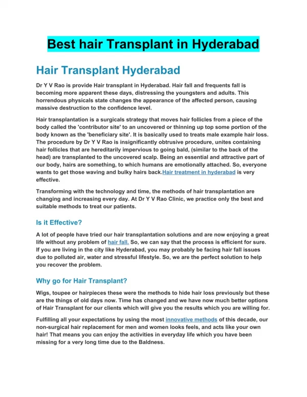 Best Hair transplant in Hyderabad - Dr Y V Rao Clinics