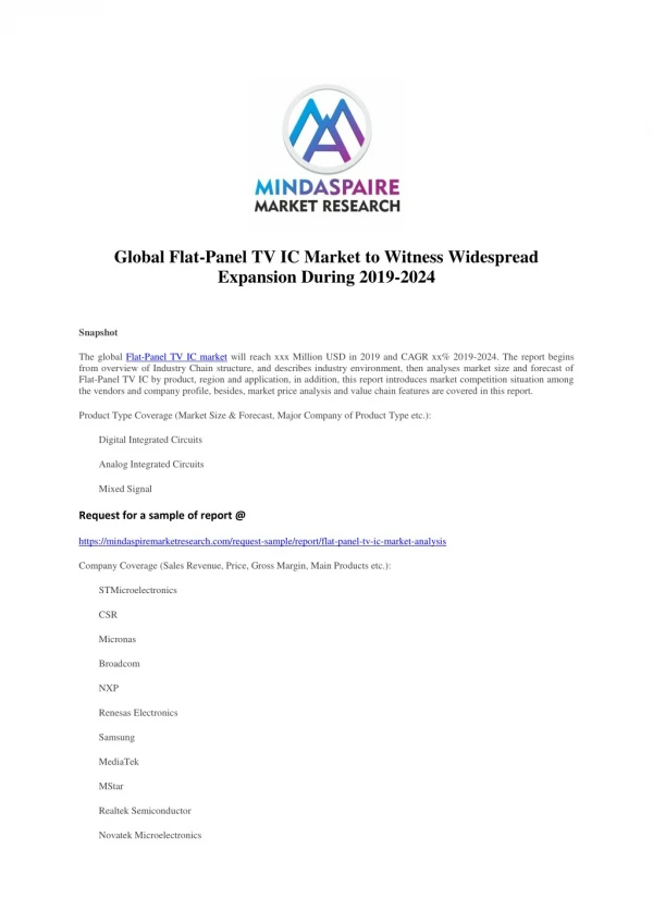 Global Flat-Panel TV IC Market to Witness Widespread Expansion During 2019-2024