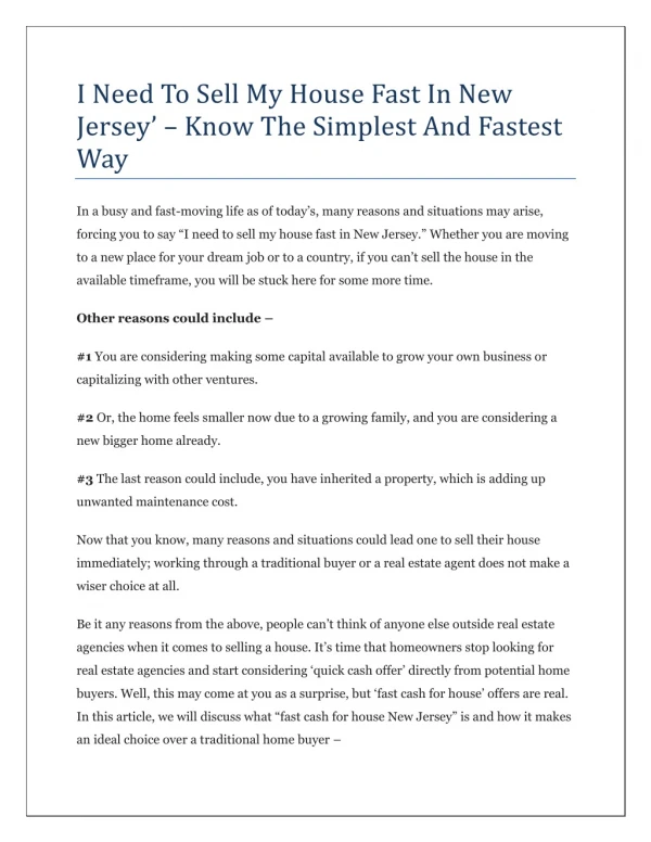 I Need To Sell My House Fast In New Jersey’ – Know The Simplest And Fastest Way