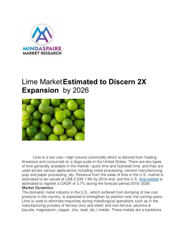 Lime Market Estimated to Discern 2X Expansion by 2026