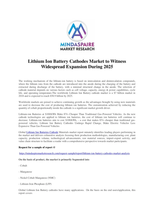 Lithium Ion Battery Cathodes Market to Witness Widespread Expansion During 2025