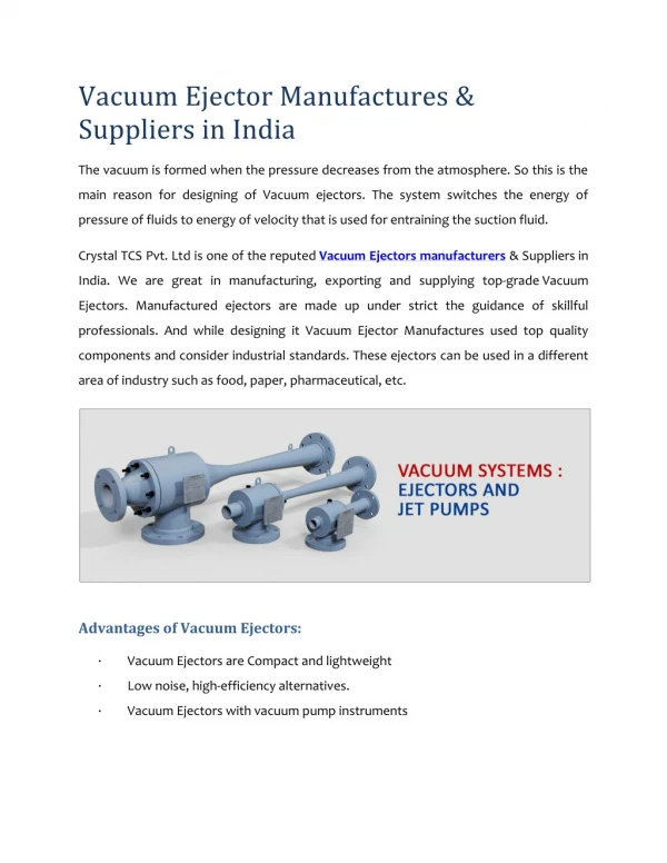 Vacuum Ejector Manufactures & Suppliers in India
