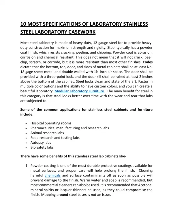 10 MOST SPECIFICATIONS OF LABORATORY STAINLESS STEEL LABORATORY CASEWORK