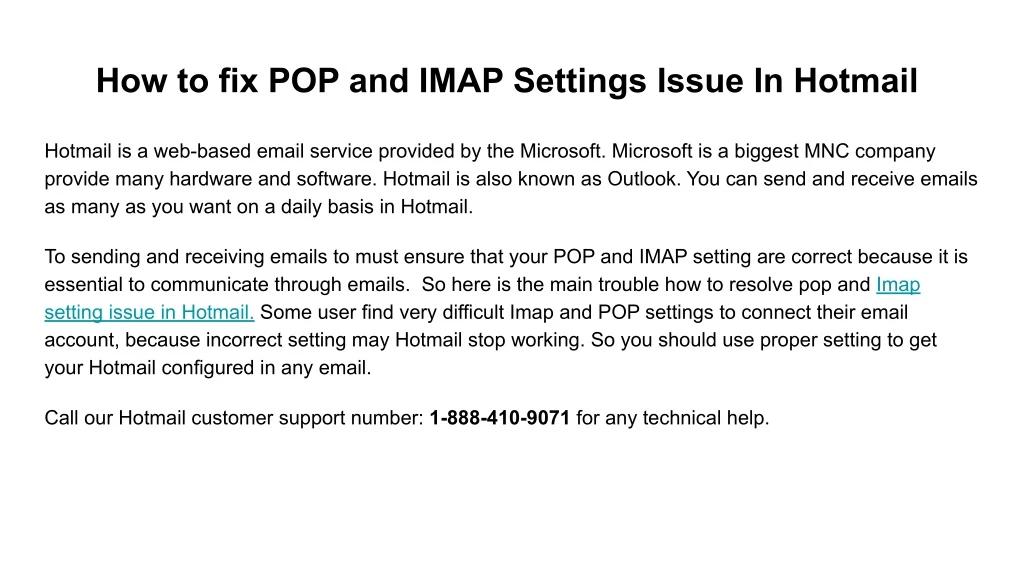 how to fix pop and imap settings issue in hotmail