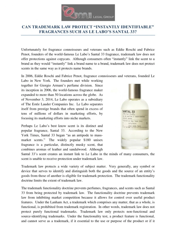 CAN TRADEMARK LAW PROTECT “INSTANTLY IDENTIFIABLE” FRAGRANCES SUCH AS LE LABO’S SANTAL 33?