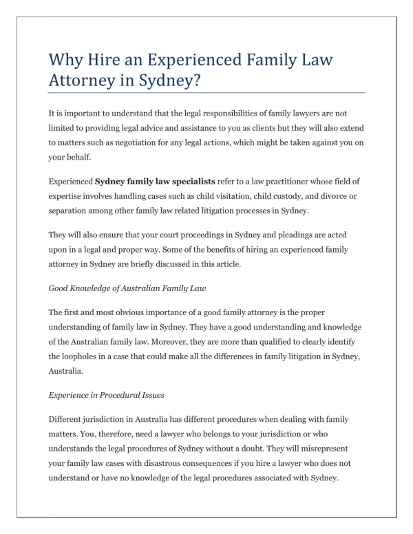 Why Hire an Experienced Family Law Attorney in Sydney?
