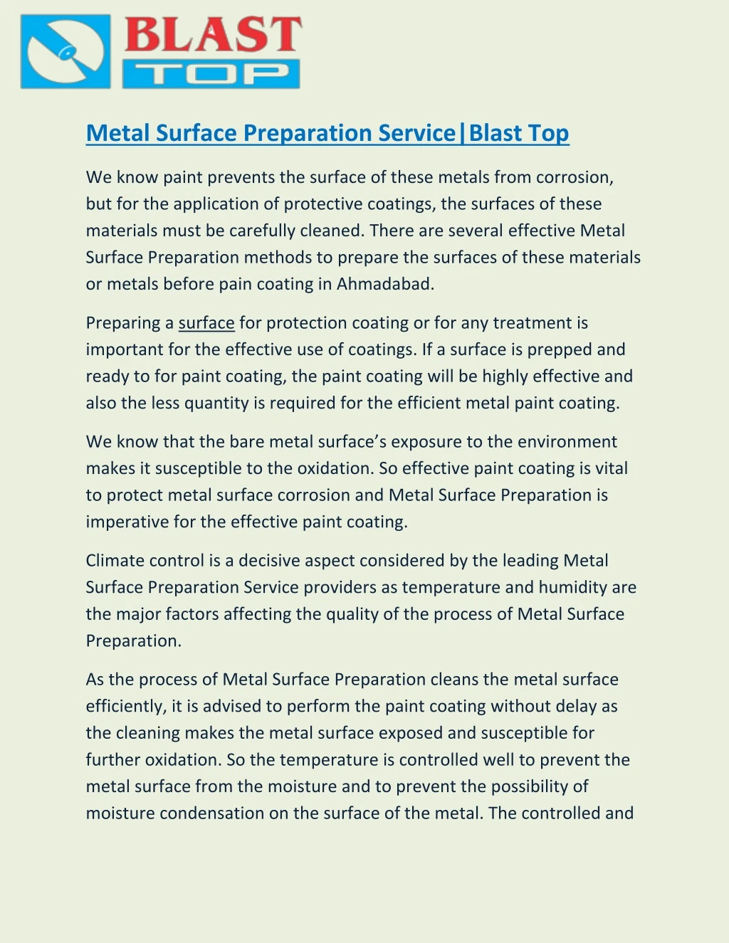 metal surface preparation service blast top