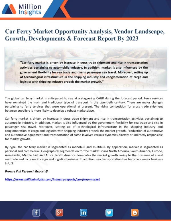 Car Ferry Market Opportunity Analysis, Vendor Landscape, Growth, Developments & Forecast Report By 2023