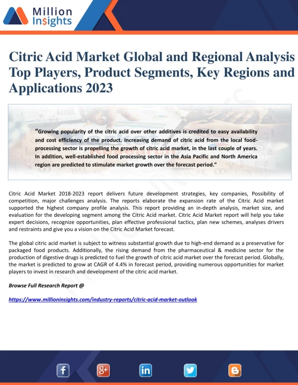 Citric Acid Market Global and Regional Analysis by Top Players, Product Segments, Key Regions and Applications 2023