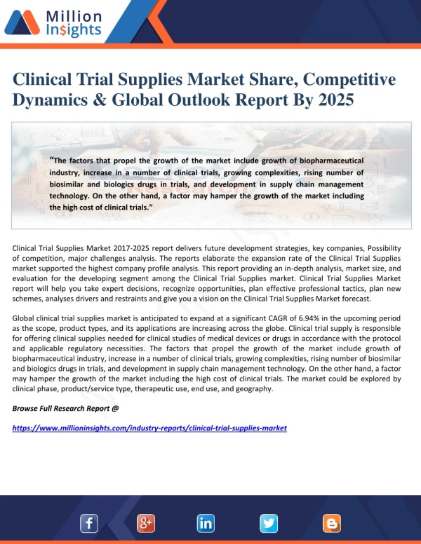 Clinical Trial Supplies Market Share, Competitive Dynamics & Global Outlook Report By 2025