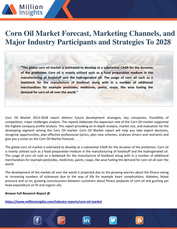 Corn Oil Market Forecast, Marketing Channels, and Major Industry Participants and Strategies To 2028