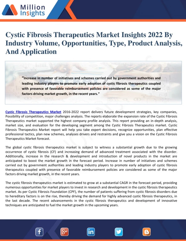 Cystic Fibrosis Therapeutics Market Insights 2022 By Industry Volume, Opportunities, Type, Product Analysis, And Applica