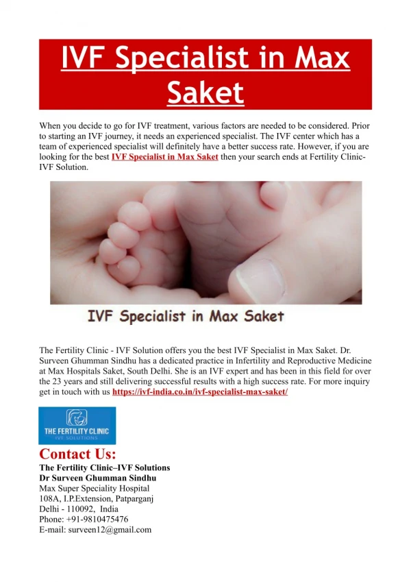 IVF Specialist in Max Saket