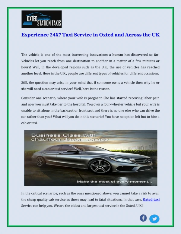 Experience 24X7 Taxi Service in Oxted and Across the UK