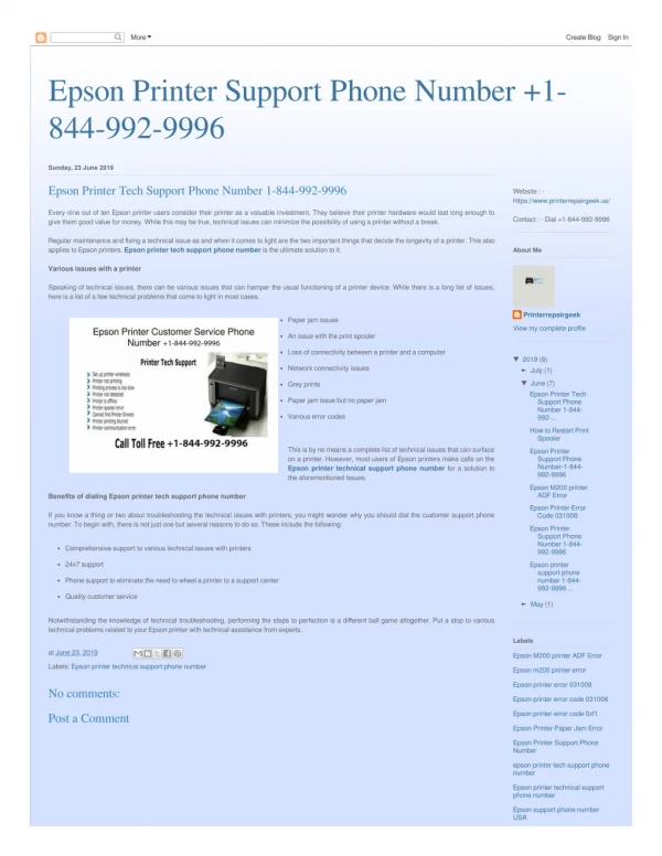 Epson Printer Tech Support Phone Number 1-844-992-9996
