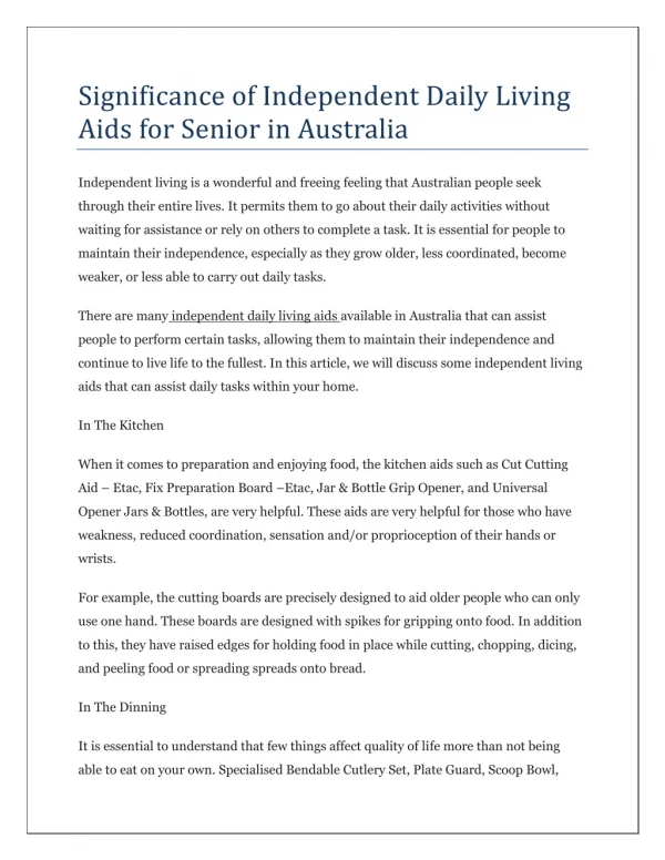 Significance of Independent Daily Living Aids for Senior in Australia
