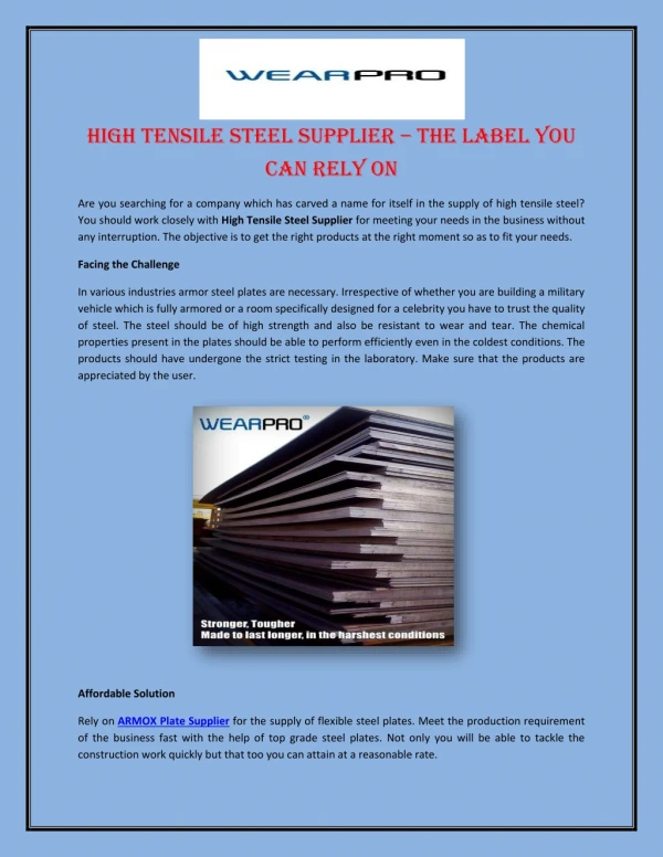 High Tensile Steel Supplier – The Label You Can Rely On