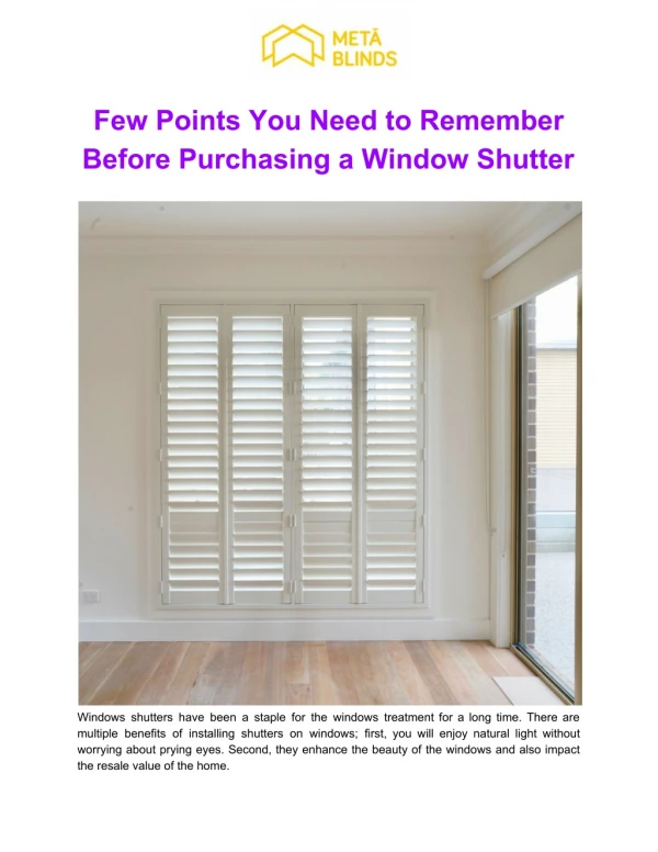 Few Points You Need to Remember Before Purchasing a Window Shutter