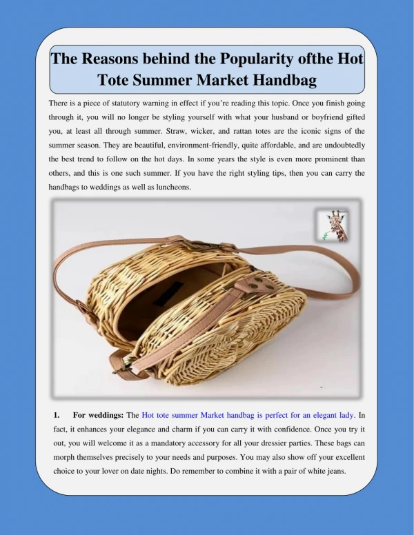 The Reasons behind the Popularity ofthe Hot Tote Summer Market Handbag
