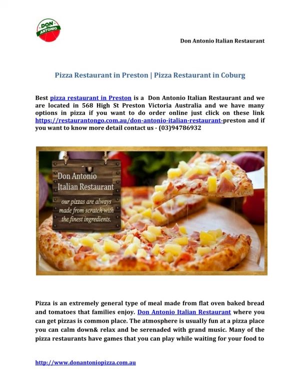 Pizza Restaurant in Preston, Pizza Restaurant in Reservoir | Don Antonio
