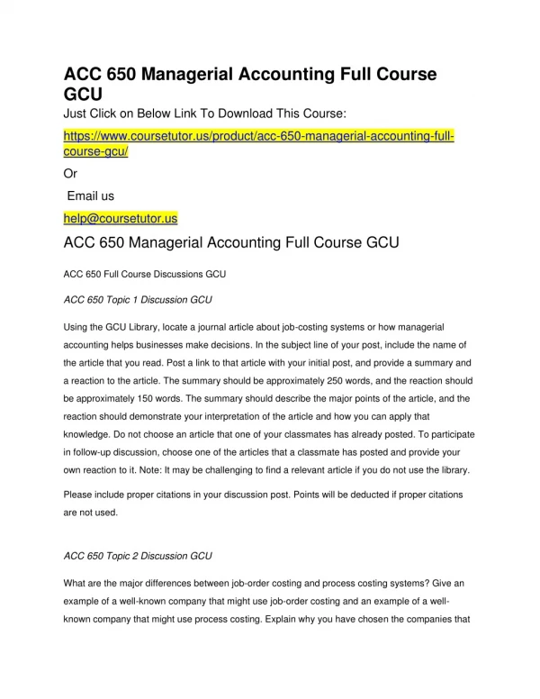 ACC 650 Managerial Accounting Full Course GCU