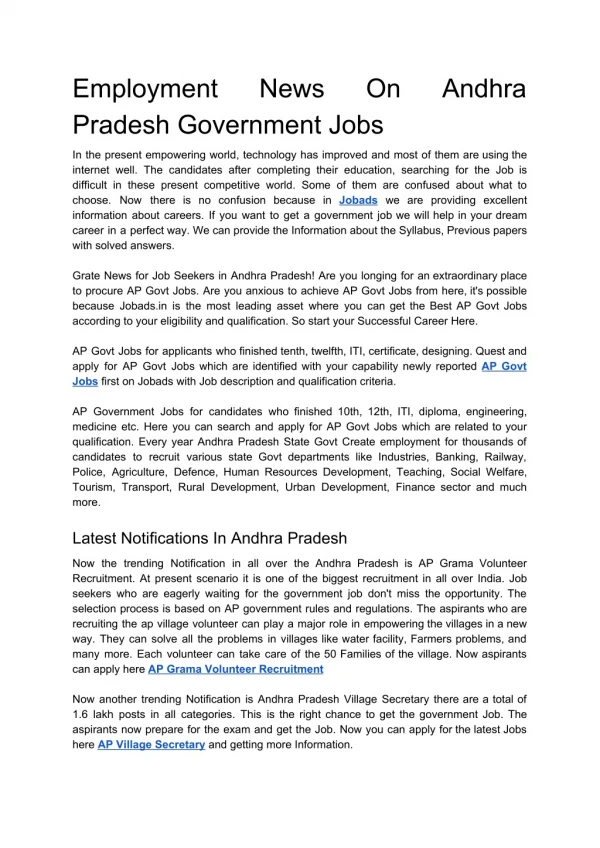 Employment News On Andhra Pradesh Government Jobs