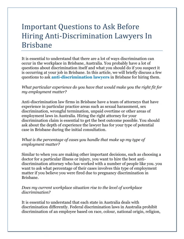 Important Questions to Ask Before Hiring Anti-Discrimination Lawyers In Brisbane
