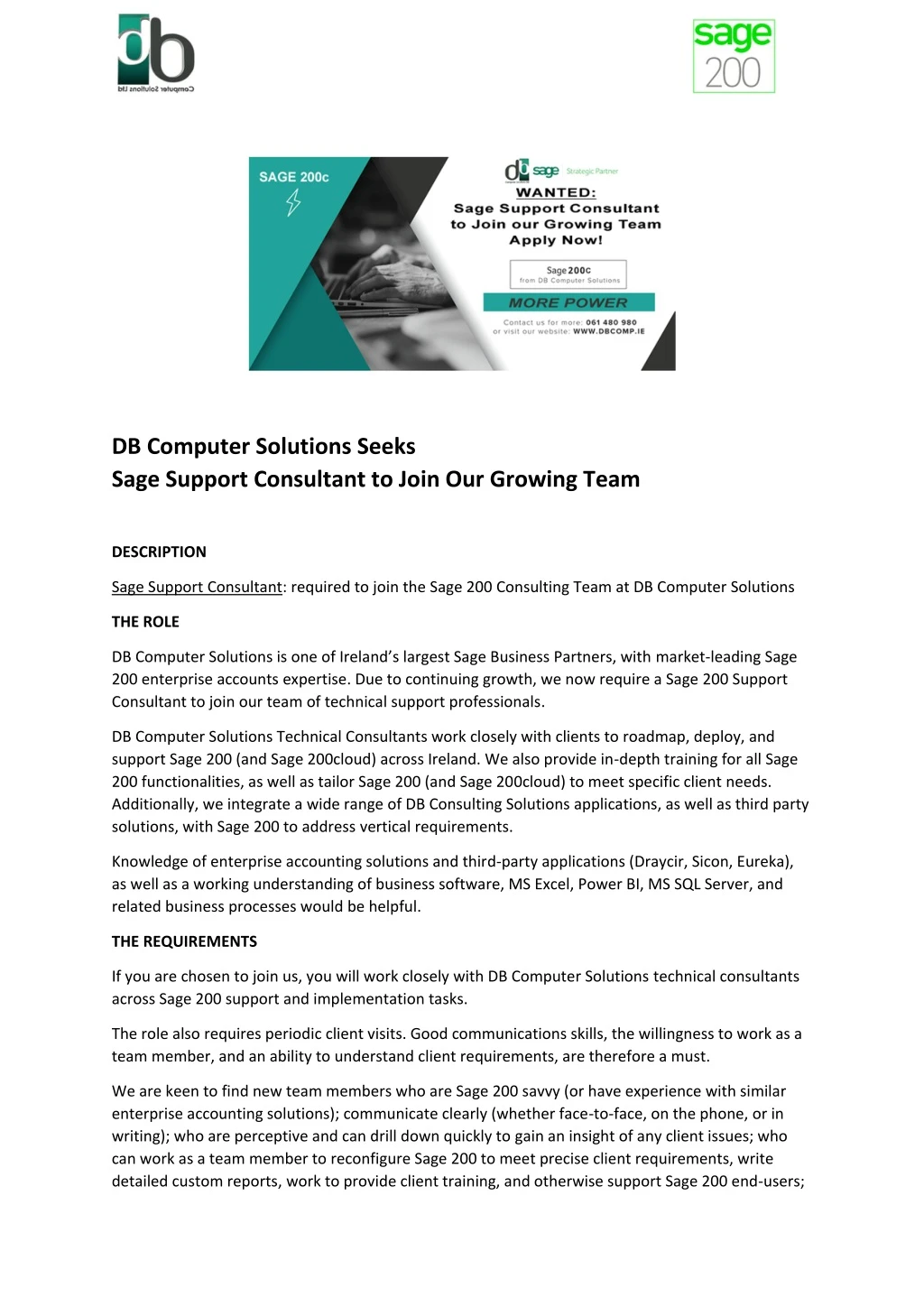 db computer solutions seeks sage support