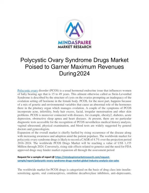 Polycystic Ovary Syndrome Drugs Market Poised to Garner Maximum Revenues During 2024