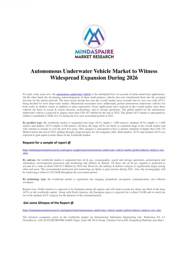Autonomous Underwater Vehicle Market to Witness Widespread Expansion During 2026
